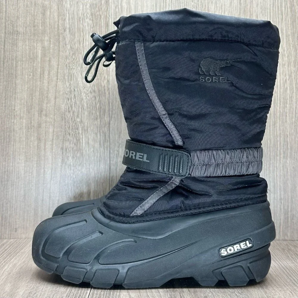 SOREL Snow Boots Youth Sz 4 Flurry Waterproof Insulated Winter Black 1638081016
